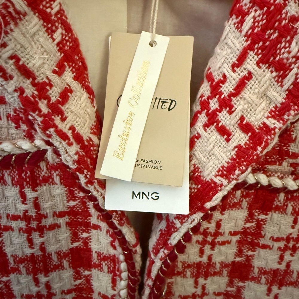 Chic Mango Red and White Plaid Tweed Blazer - Picture 4 of 4